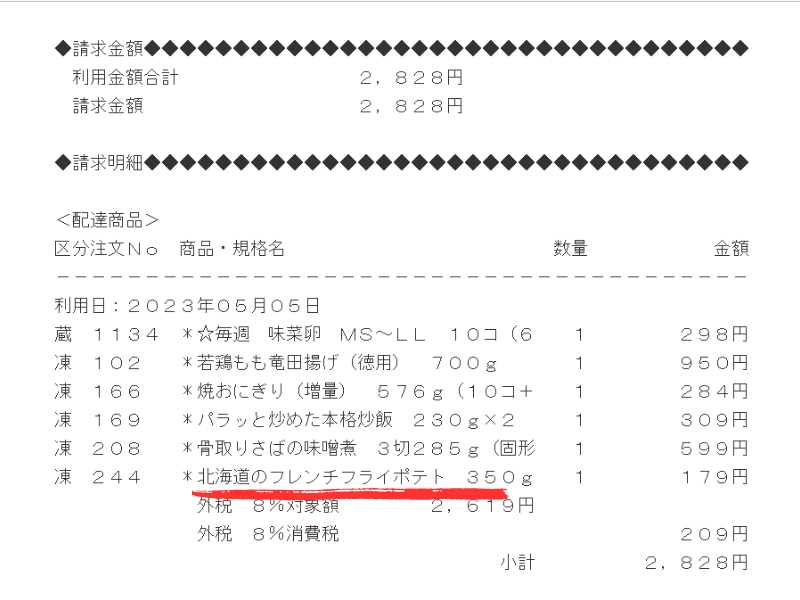 【コープ】北海道のフレンチフライポテトの値段