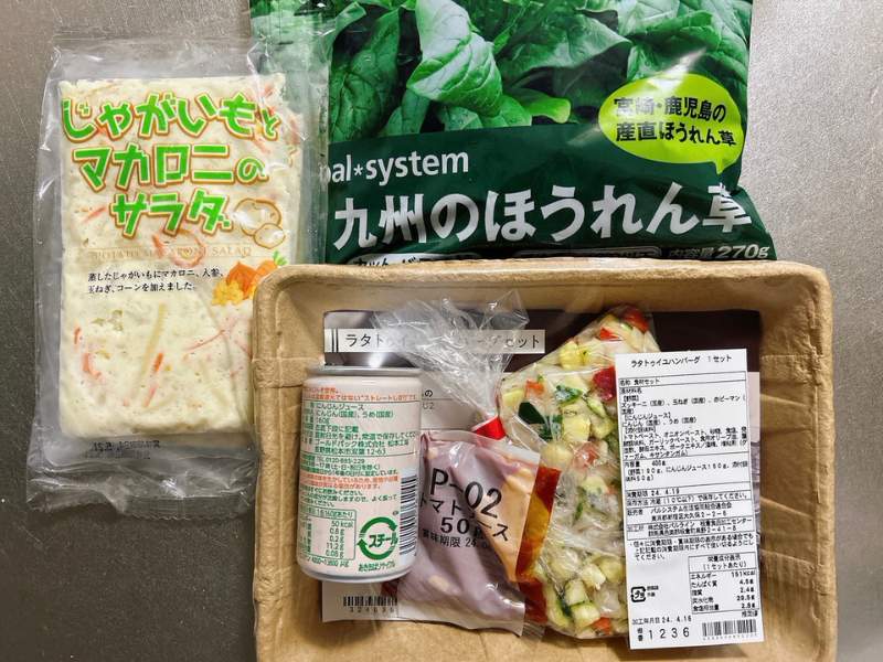パルシステムのラタトゥイユハンバーグとほうれん草のコンソメスープ、じゃがいもとマカロニのサラダ（時短ごはんセット）の材料