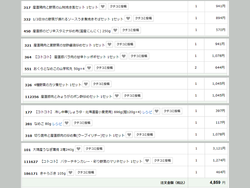 パルシステムお料理セットの購入履歴（2024年6～7月）